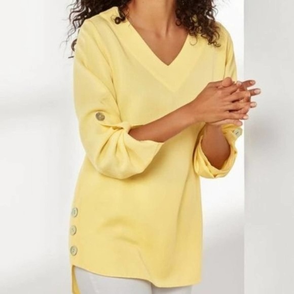 Soft Surroundings Tops - Soft Surroundings Fairmont Tunic Top Roll Tab Sleeve V-Neck Yellow Women's SM